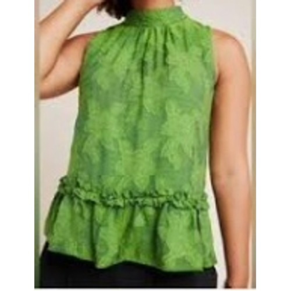 Anthropologie Maeve Savannah Swing Blouse Women 4 Green Floral Ruffle Sleeveless